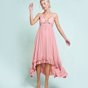 La Miel Peach Boho Crochet Stretchy Lace Dress